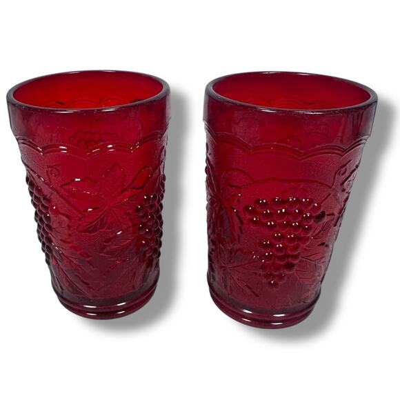 Vintage Imperial Glass Grape Royal Ruby Red Tumblers Glasses 5" Round Lot of 2